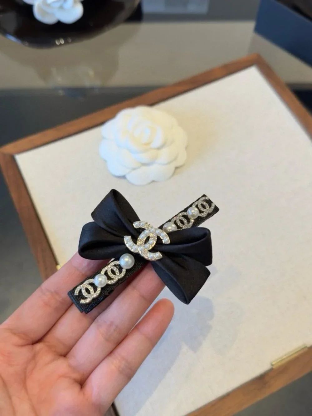 Chanel Black Satin Butterfly Hair Clip